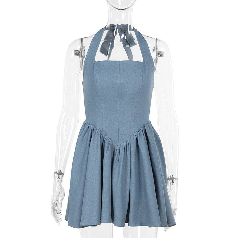 Women sleeveless Sling Waist jeans Denim Dress Backless halter neck flared mini dress - EX-STOCK Canada