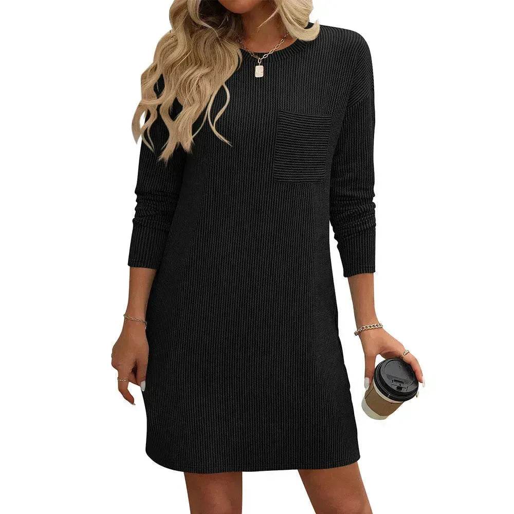 Casual New Solid Color Striped With Pockets Long Sleeve Loose Mini Dress Fashion Round Neck Straight Dress Women's Clothing - EX-STOCK Canada