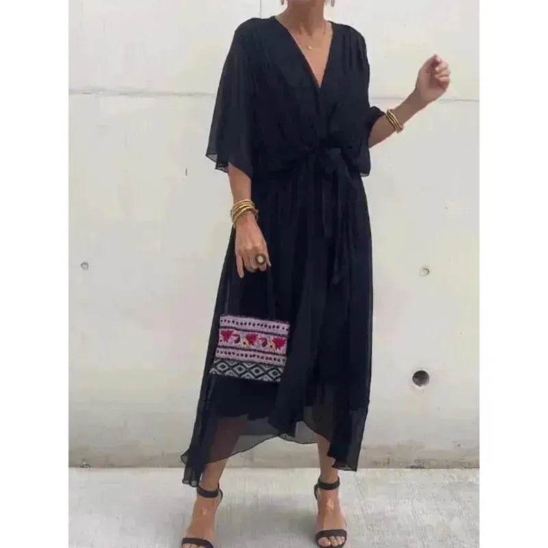 Batwing Sleeve V-neck Dress Summer Pure Color Tied Irregular Wrap Midi Dresses for Women - EX-STOCK Canada