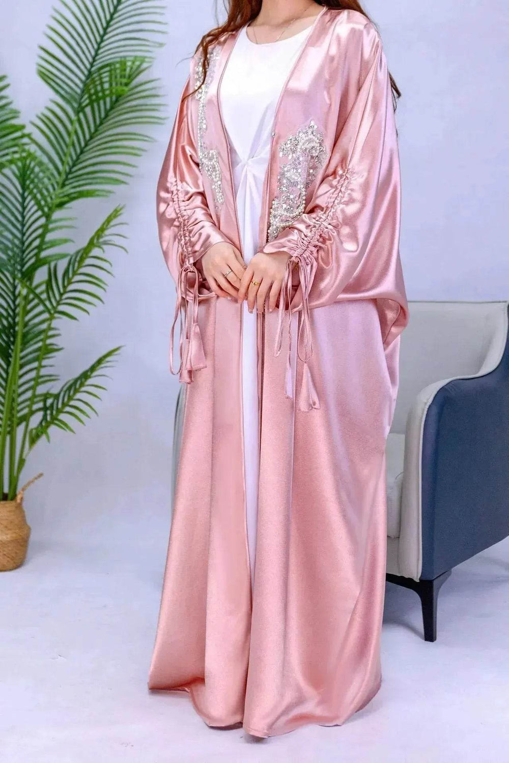 Simple Middle East Turkey Solid Color Plus Size Satin Robe Dubai Abaya Coat Turkey Abaya Kimono - EX-STOCK Canada
