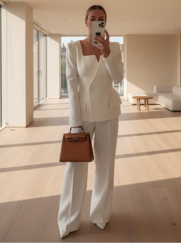 A woman takes a mirror selfie in a minimalist, modern room with beige walls and light wood floors, wearing a white structured blazer and matching wide-leg trousers, holding a brown leather handbag.