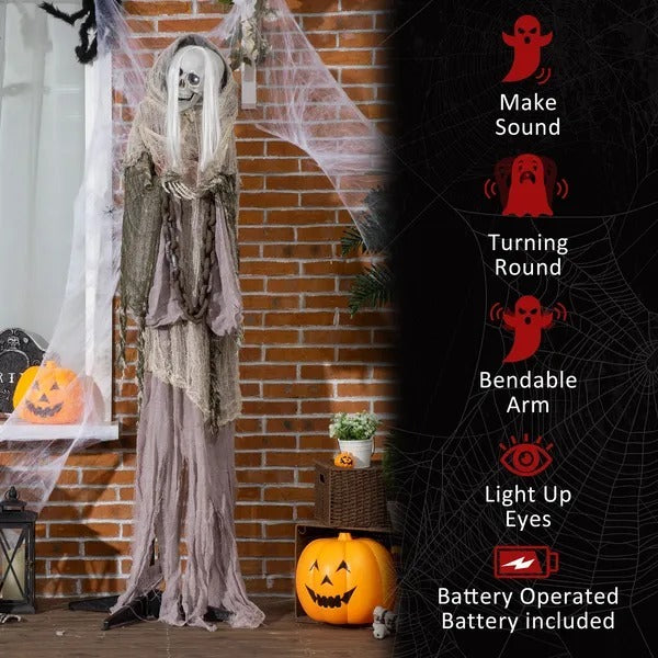 6ft Life Size Outdoor Halloween Decoration Skeleton Witch, Animated Prop With Light Up Eyes, Spooky Sound EX-STOCK Canada