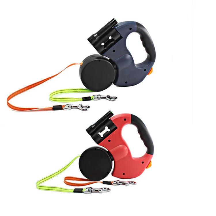 Dual Headed Pet Leashes with Flashlight Garbage Bag Box Automatic Retractable Dogs Traction Rope EX-STOCK Canada
