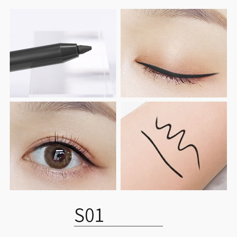 Eyeliner pen with close-up examples of application on eyes and skin.