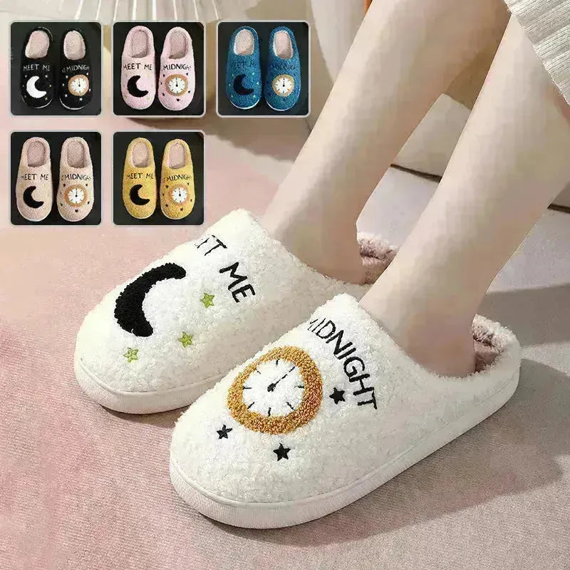 Fashion Moon and Clock Print Home Slippers Winter Winch Floor Bedroom House Chaussures pour femmes