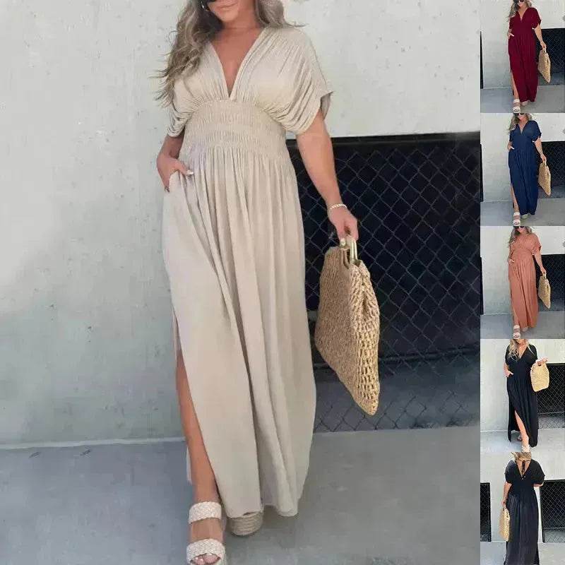 Fashion Bat-sleeved V-neck Slit Dress Summer Beach Short Sleeve Elastic Waist Split Long Dresses Womens Clothing - EX-STOCK Canada