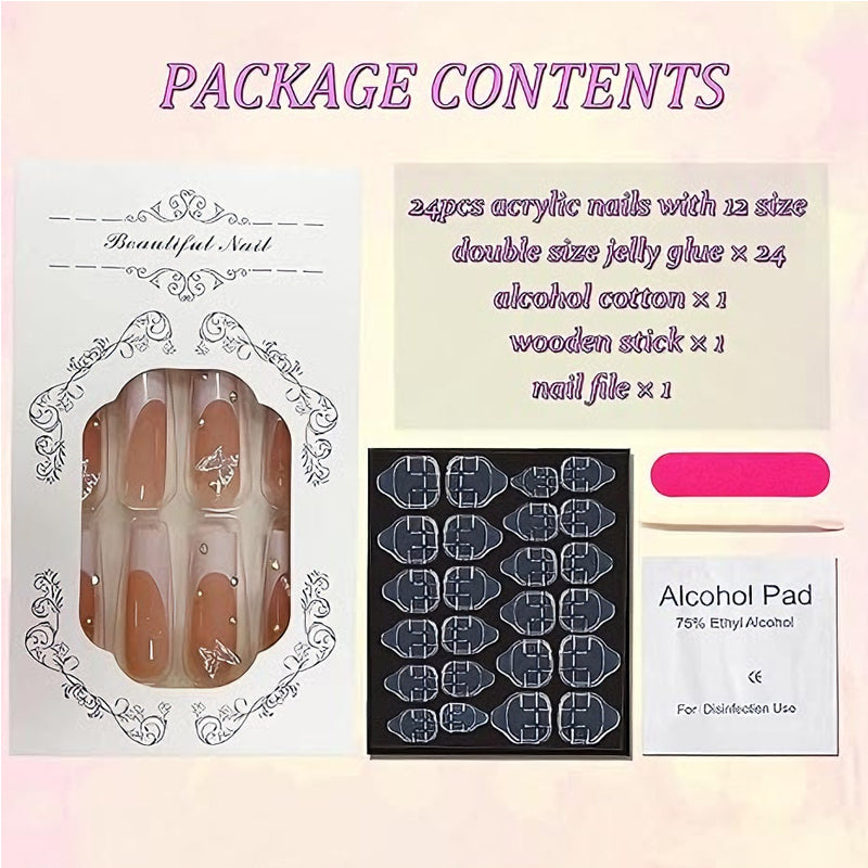 24 PCS Diamond Butterfly Nail Art, Long Length Long Water Pipe Fake Nails,Square Head Nail Tips False Nail EX-STOCK Canada