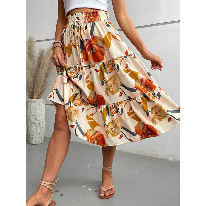 Women's Floral Tiered Midi Skirt Elastic Waist Dressy Casual A-line Flowy Boho Skirts - EX-STOCK Canada