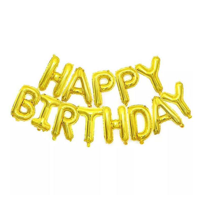 Gold 'Happy Birthday' balloon banner on a white background