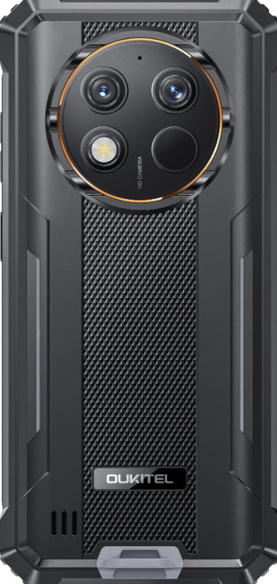 Back view of a black smartphone with carbon fiber texture and Oukitel branding.