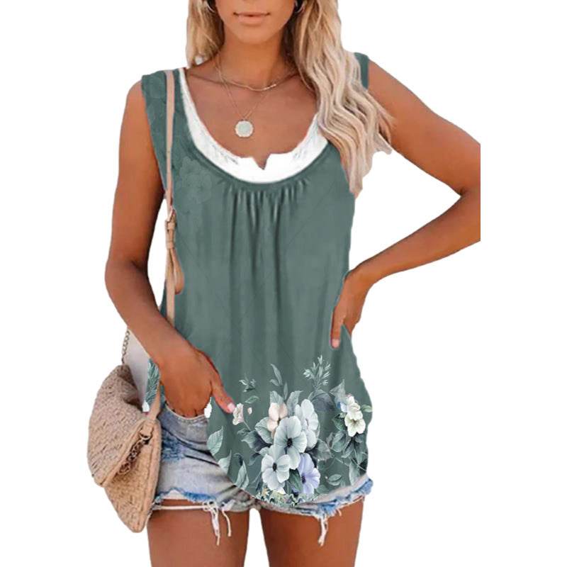 Casual Spring And Summer Tops Printed Sleeveless Pleating Vest T-shirt For Women - EX-STOCK Canada