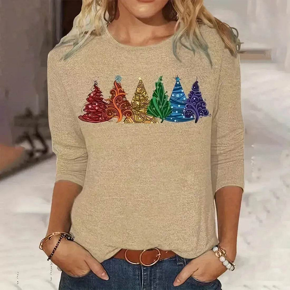 Women's Long-sleeved T-shirt Christmas Tree Printed Round Neck Loose Casual - EX-STOCK Canada