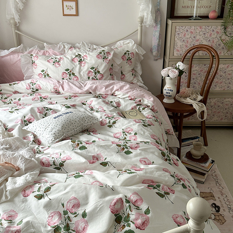 Princess Style Ruffled Pure Cotton French Floral Minimalist Bed Sheet Duvet Cover Bedding EX-STOCK Canada