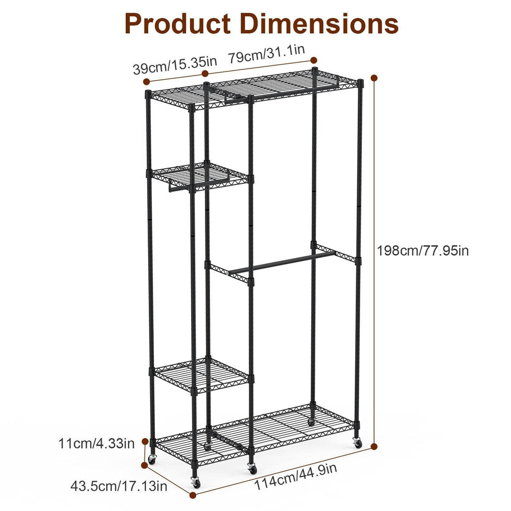 1Pc 4 Tier Heavy Duty Garment Rack With Wheels Carbon Steel Clothing Rack Portable Wardrobe Clothes Rack With 3 Hanging Rods 6 Footrests 44.9x17.13x77.95in - EX-STOCK Canada