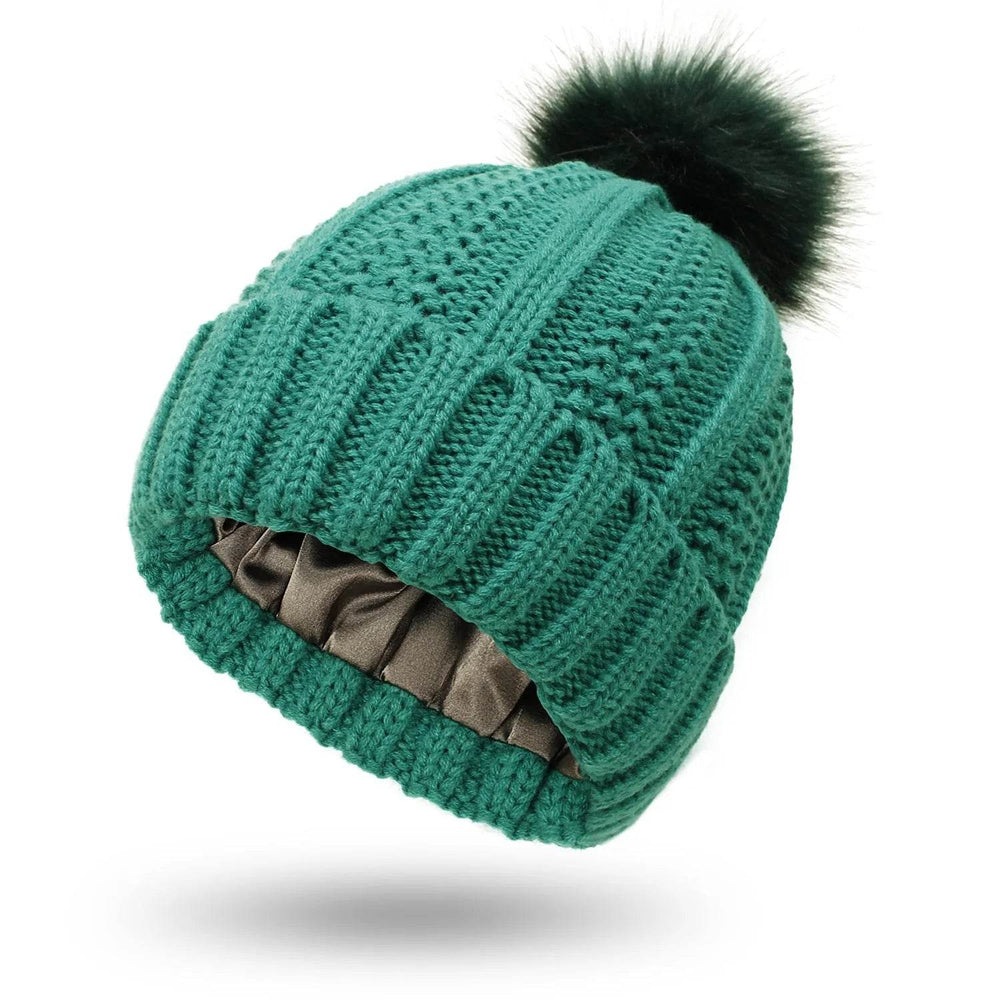 Stretchy Satin Lined Skull Knit Faux Fur Pom Pom Beanie Hat - EX-STOCK Canada