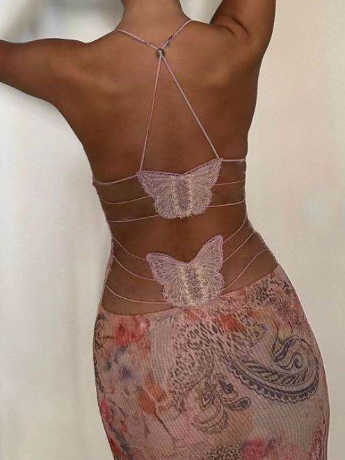 Halter neck Spaghetti Backless Butterfly Design Spring Summer long dress - EX-STOCK Canada