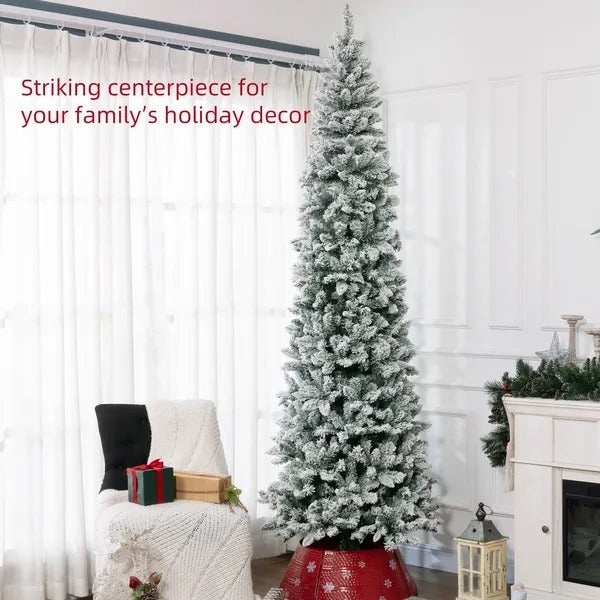 9ft Pencil Christmas Tree, Flocked Tree With 1277 Branch Tips And Metal Base For Home, Indoor, Holiday EX-STOCK Canada