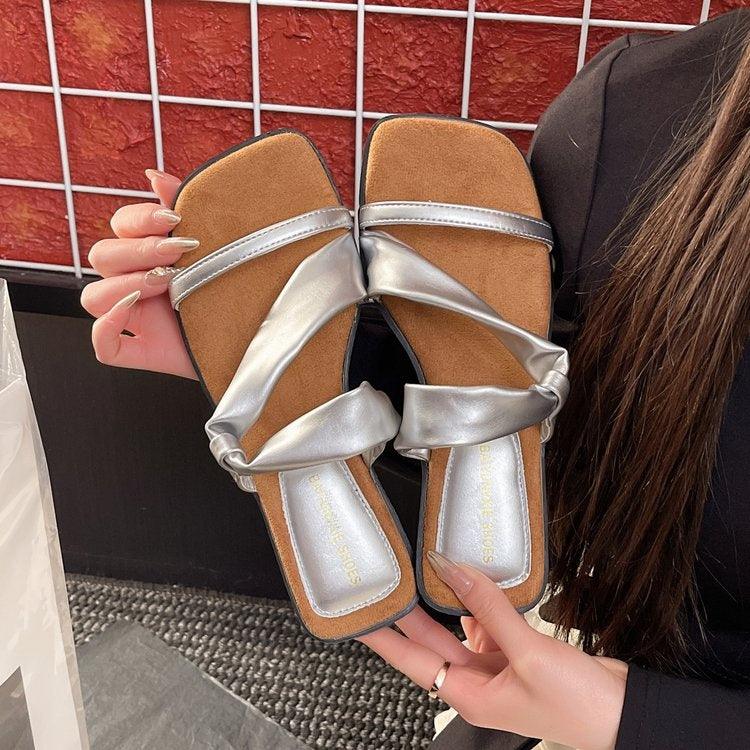 2025 Summer New French Style Low Heel Slippers For Women, Fairy Style Outdoor Fashion Slides, Elegant Match-Dress Sandals In Black, Silver, Beige