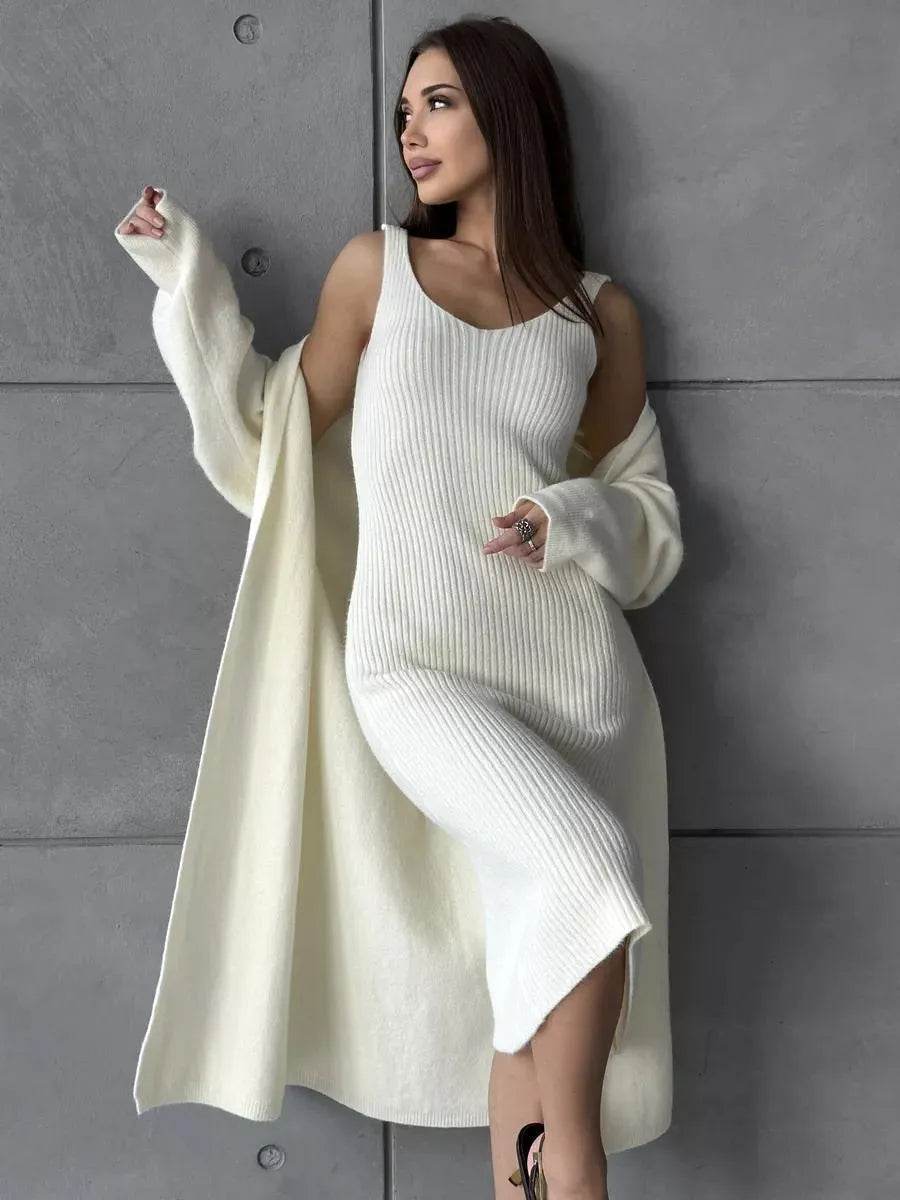 Women 2pcs Winter outfit set Long dress Cashmere Long Cardigan Jacket - EX-STOCK Canada