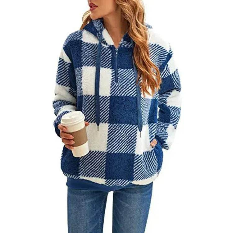 Casual Thick Fleece Plush half zip Plaid Hoodie Pullover top for women - EX-STOCK Canada
