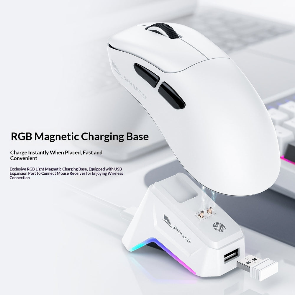 White gaming mouse with RGB magnetic charging base on a light gray background