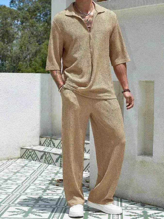 Men's Casual summer 2 piece Pant sets Short sleeved Top and Straight leg pant - EX-STOCK Canada