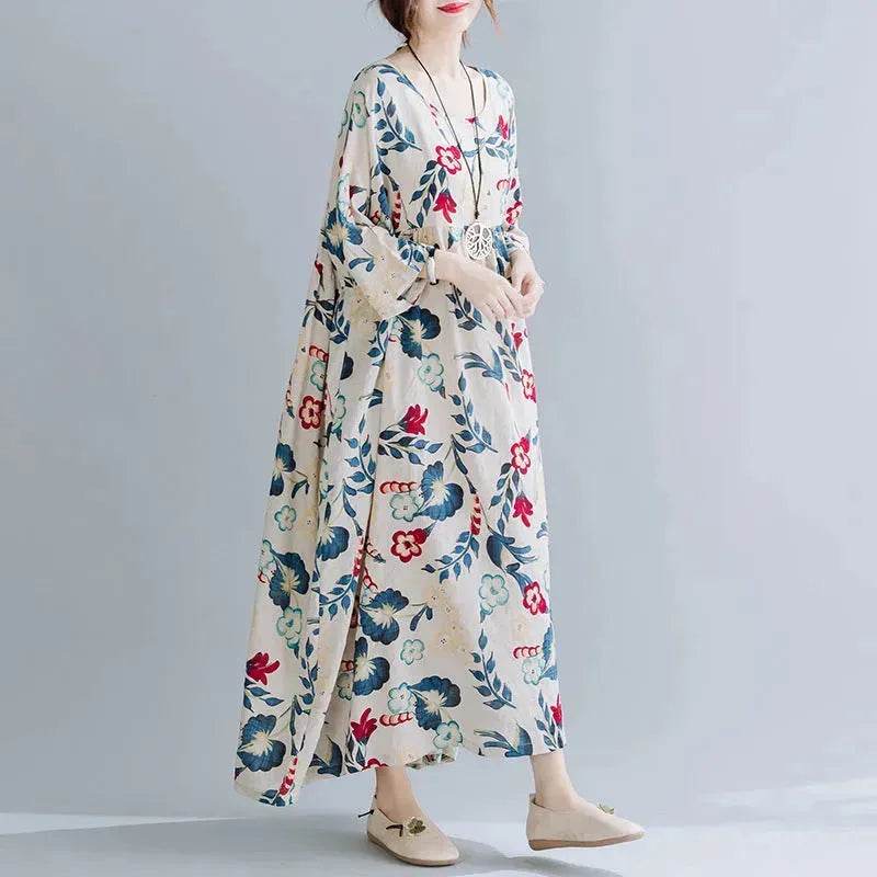 Plus Size Loose Panel Cotton Linen Print Short Sleeve Mum Maxi Dress - EX-STOCK Canada