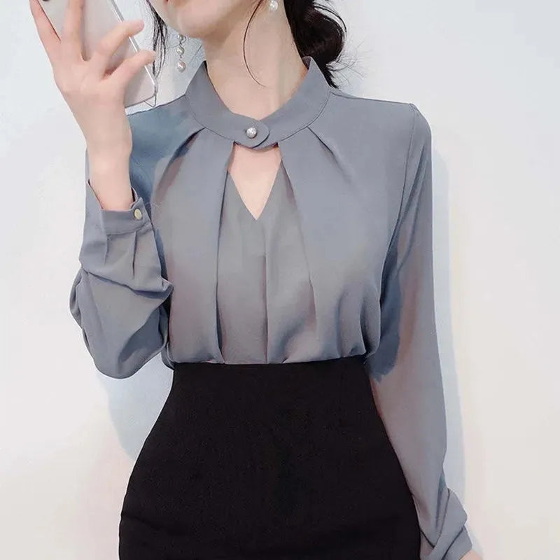 White Chiffon Blouse top Long Sleeves Office Blouses For Women