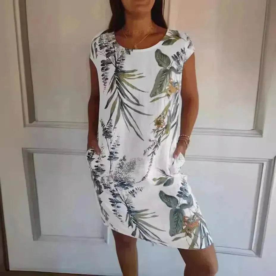 Casual Floral Printed Straight Dress Summer Loose Round Neck Short Sleeve Midi Dresses Womens Clothing - EX-STOCK Canada