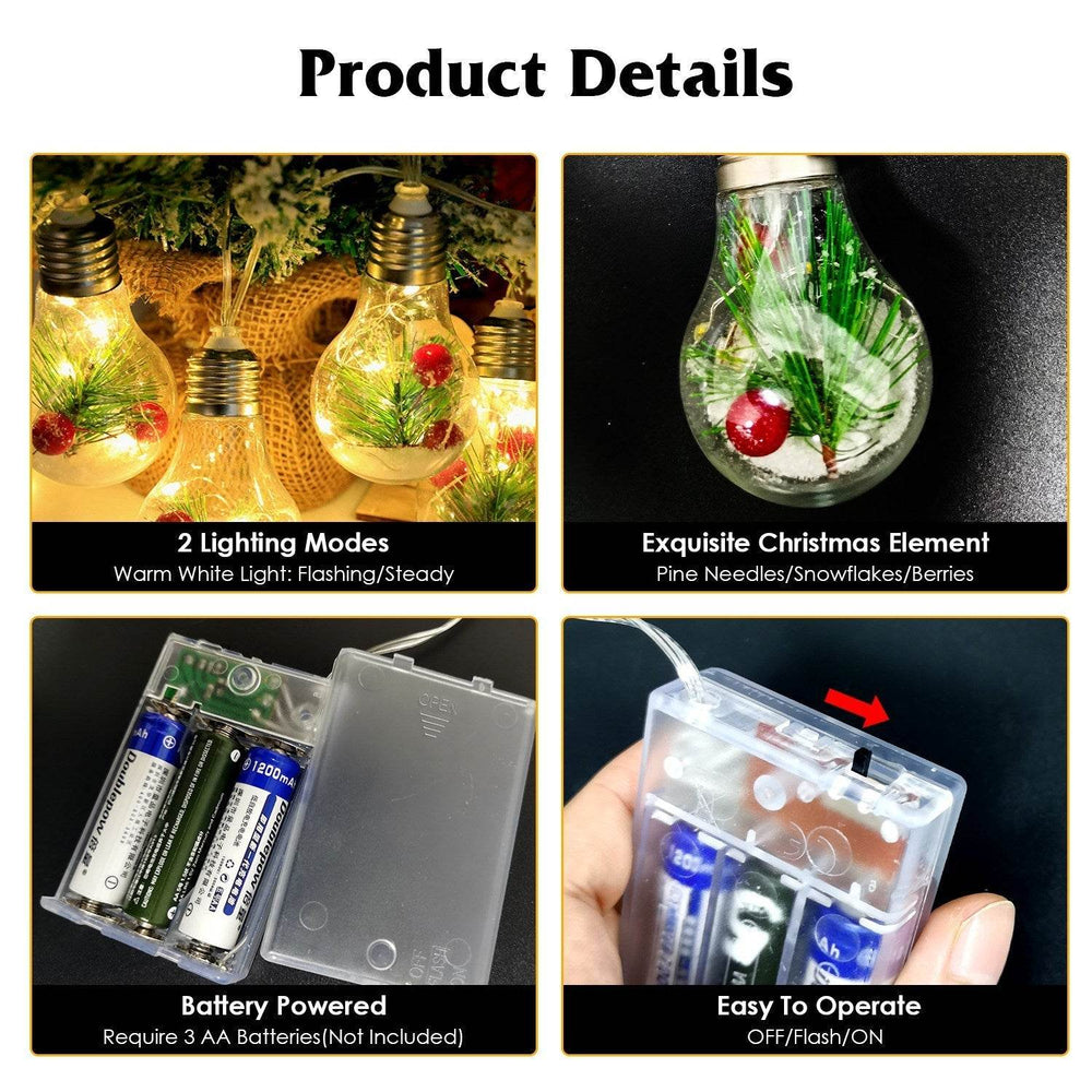 1Pc 13.78FT Christmas Snow Globe String Light Battery Powered 10 LED Bulbs Indoor Christmas Lights With Pine Needles Snowflakes Berries - EX-STOCK Canada