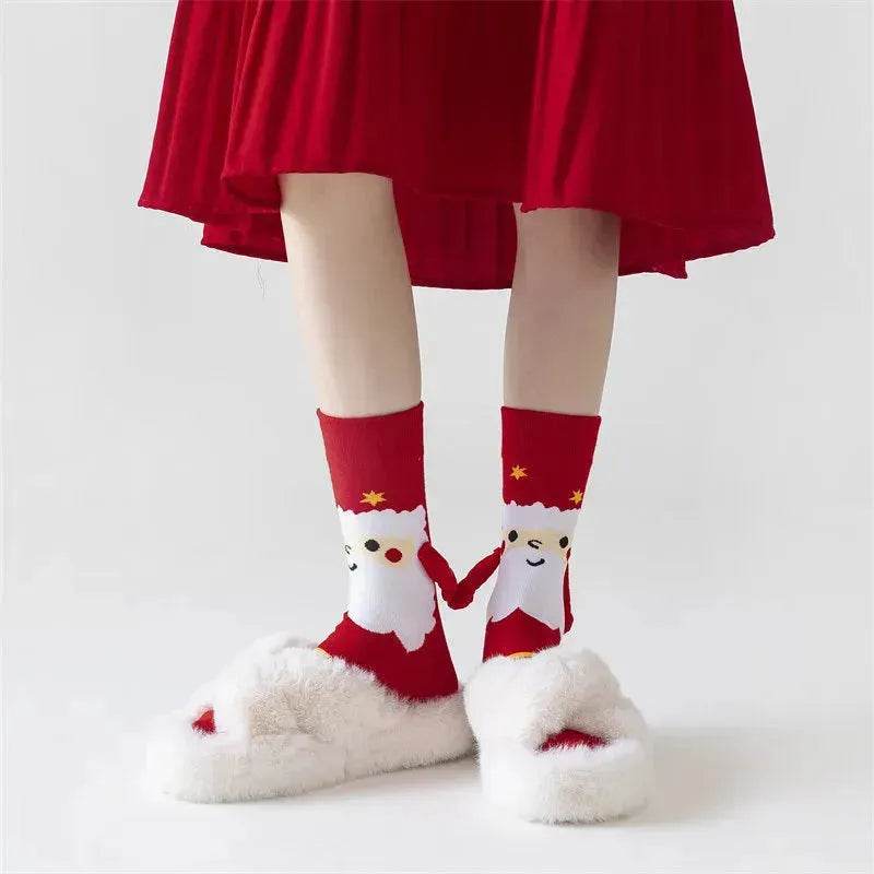 Christmas Magnetic Socks Cute Elk Santa Claus Snowman Hand-holding Socks For Couple - EX-STOCK Canada