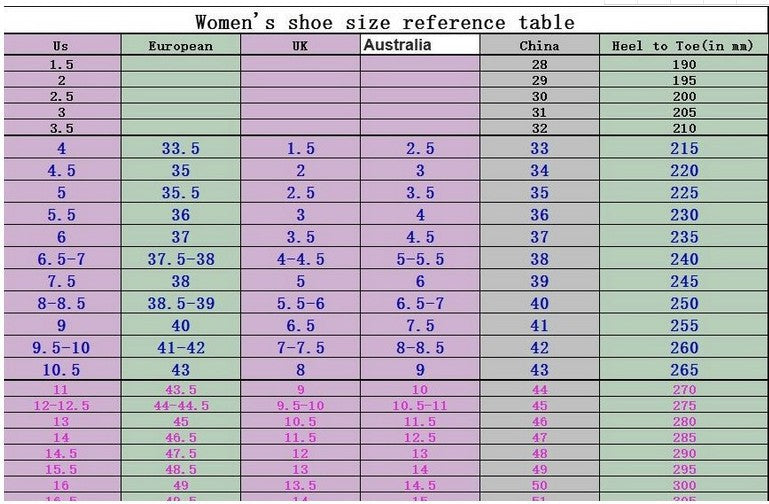Women's shoe size reference table with various measurements