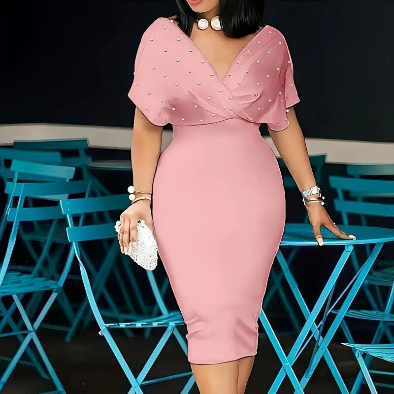 Women's Back Zipper dress Elegant Deep V Neck Wrap Bodycon Dress Pencil Midi Dress EX-STOCK