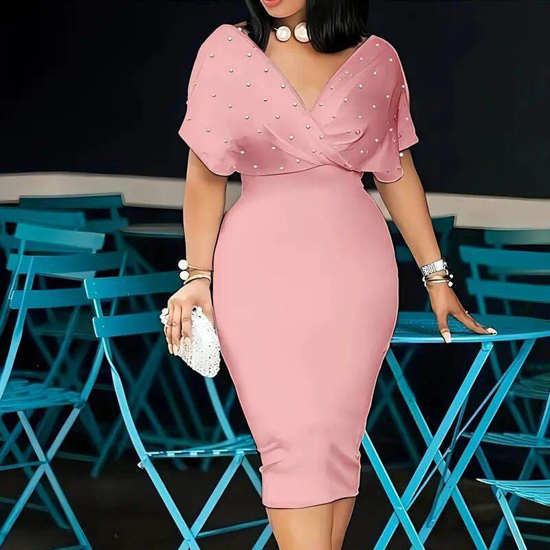 Women's Back Zipper dress Elegant Deep V Neck Wrap Bodycon Dress Pencil Midi Dress - EX-STOCK Canada