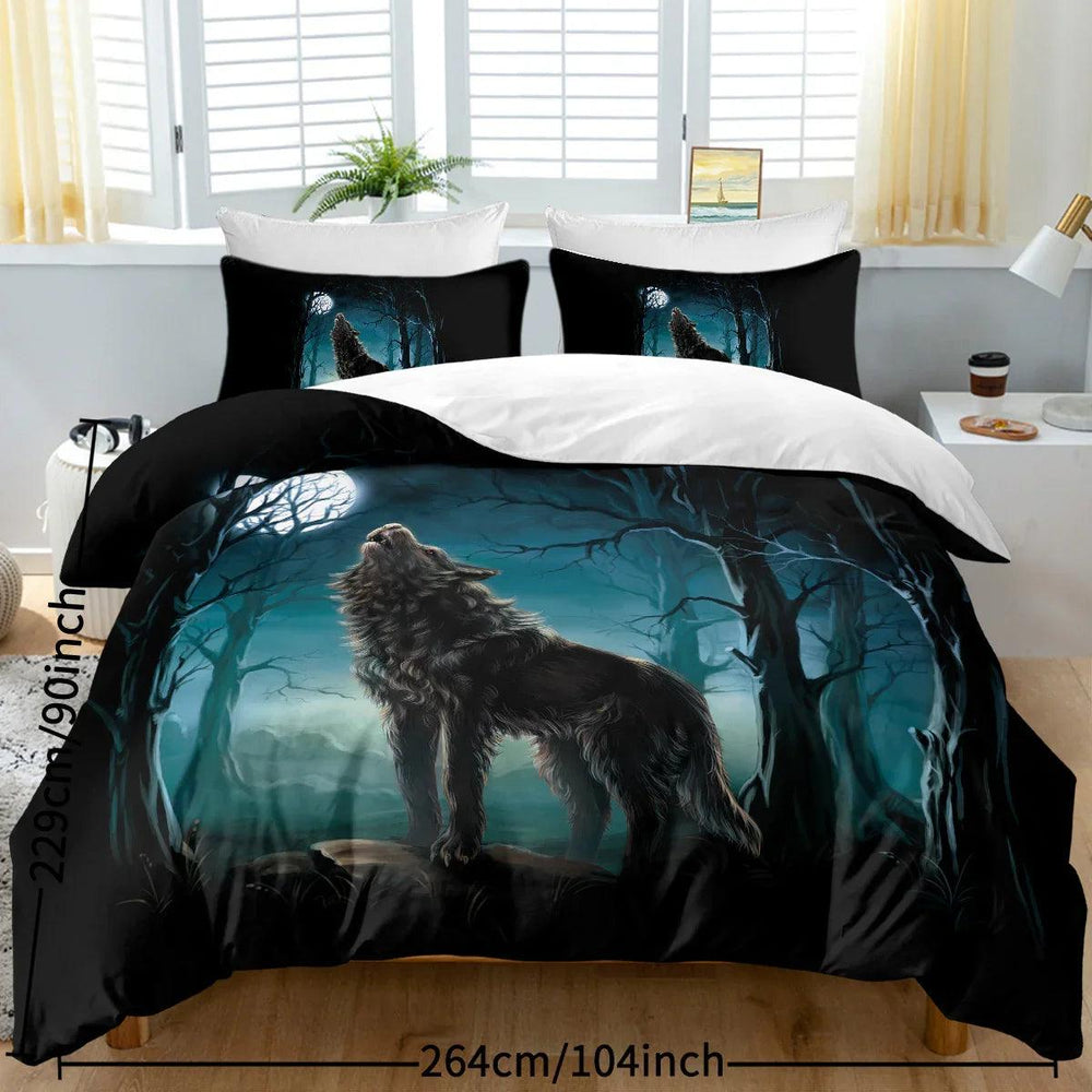 Linge de lit Moon Wolf Vert Aquarelle Forêt Paysage Loup Housse de Couette Ensemble 3 Pièces Ensemble de literie Animaux Sauvages Taille Simple Double Queen KingEX-STOCK Canada