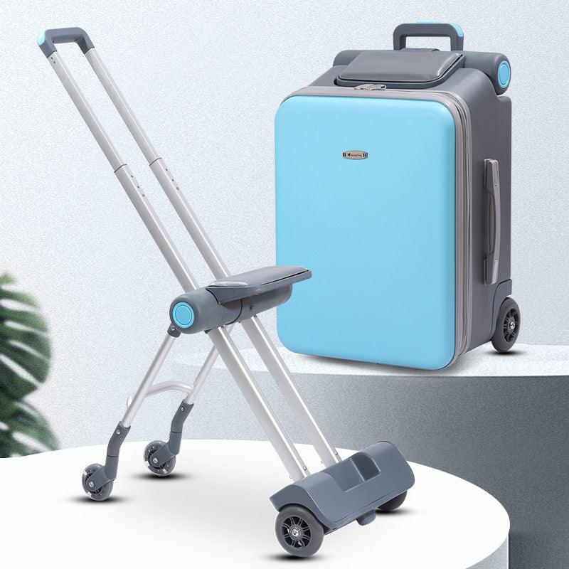 Kinder fahren auf einem Kofferwagen mit Sitz, leuchtenden Rädern, Sicherheitsgeländer, Teleskopgriff und USB-Anschluss Reisegepäck