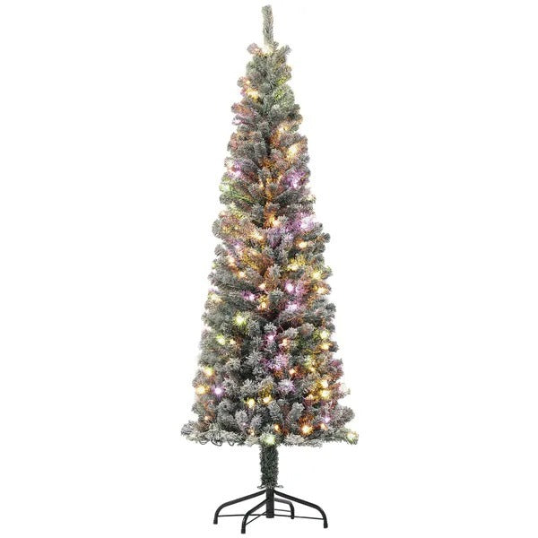 6ft Prelit Pencil Artificial Christmas Tree, Flocked Xmas Tree With Remote, Dual Colour LEDs, 429 Tips, Metal Stand EX-STOCK Canada