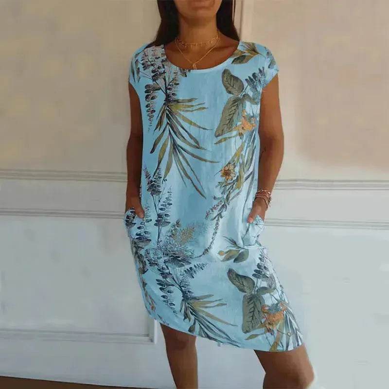 Casual Floral Printed Straight Dress Summer Loose Round Neck Short Sleeve Midi Dresses Womens Clothing - EX-STOCK Canada