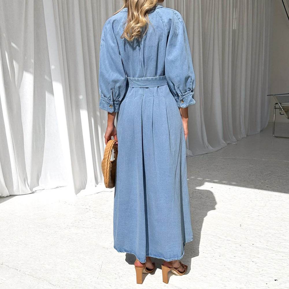 V-neck Lace-up Waist Trimming Casual Button Denim Dress - EX-STOCK Canada
