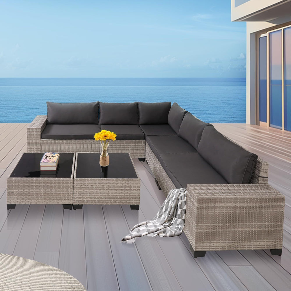 7-Piece Outdoor Patio Furniture Sets, All-Weather Wicker Rattan Sectional Sofa, Modern Two Glass Coffee Table And Washable Seat Cushion EX-STOCK Canada