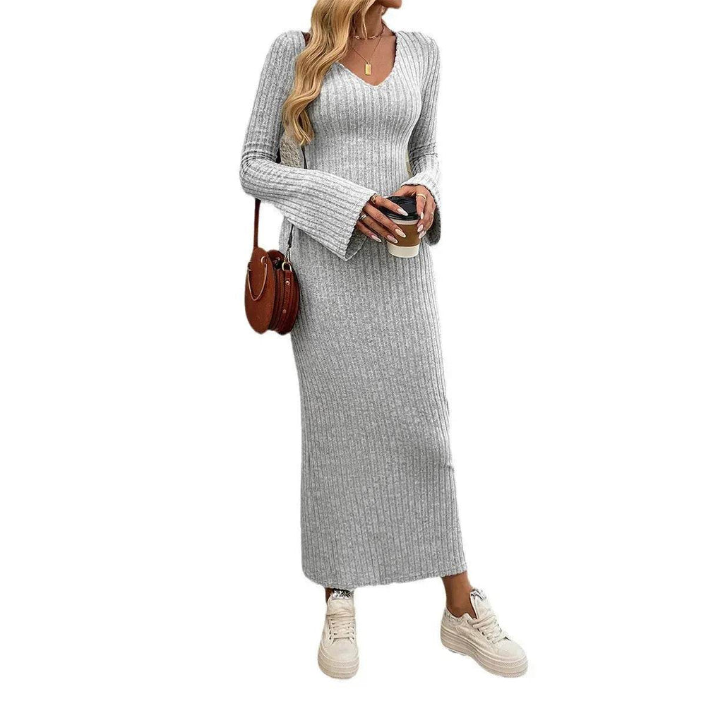 Cashmere V-neck Long bell sleeve Slim fit Midi Winter Sweater Dress - EX-STOCK Canada