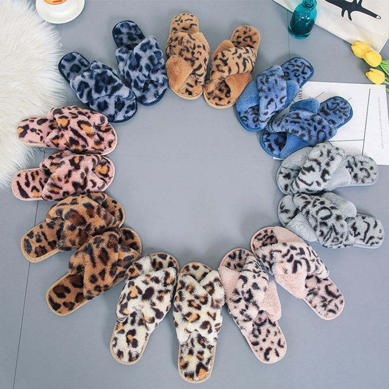 Cross-strap Fuzzy Slippers Leopard Plush House Shoes Flat Bedroom Slippers Slippers For Women EX-STOCK Canada
