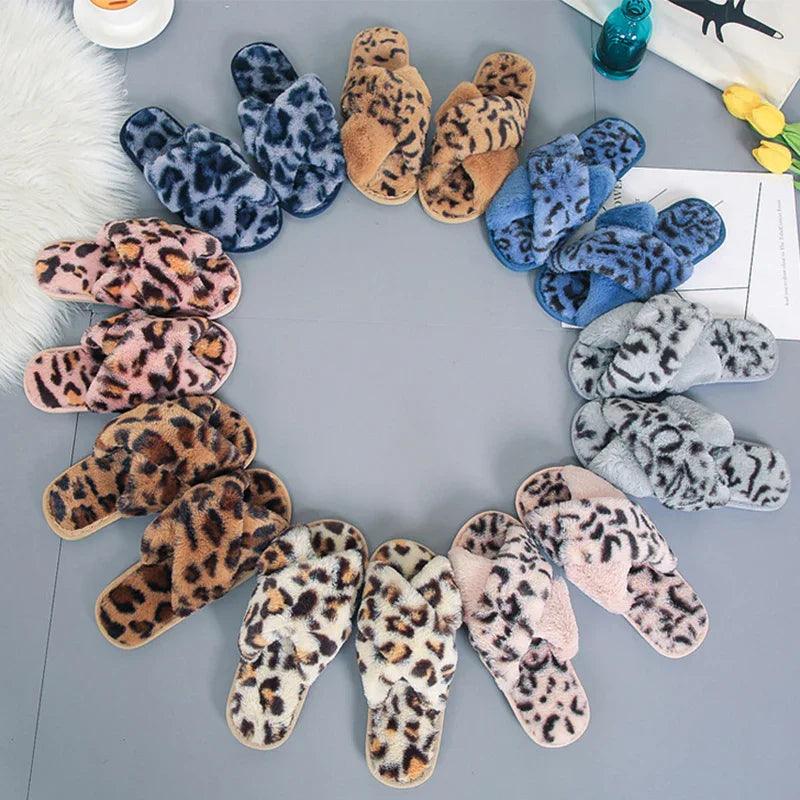 Chaussons Mignons à Lanières Croisées Léopard en Peluche Pour La Maison Chaussons Plates de Chambre Chaussons Pour FemmesEX-STOCK Canada