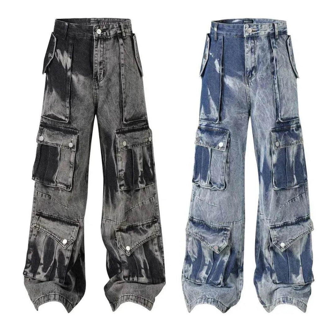 Street Retro Washed Distressed Tie-dye Multi-pocket Denim Trouser Unisex Baggy Cargo Denim Jeans Pants - EX-STOCK Canada