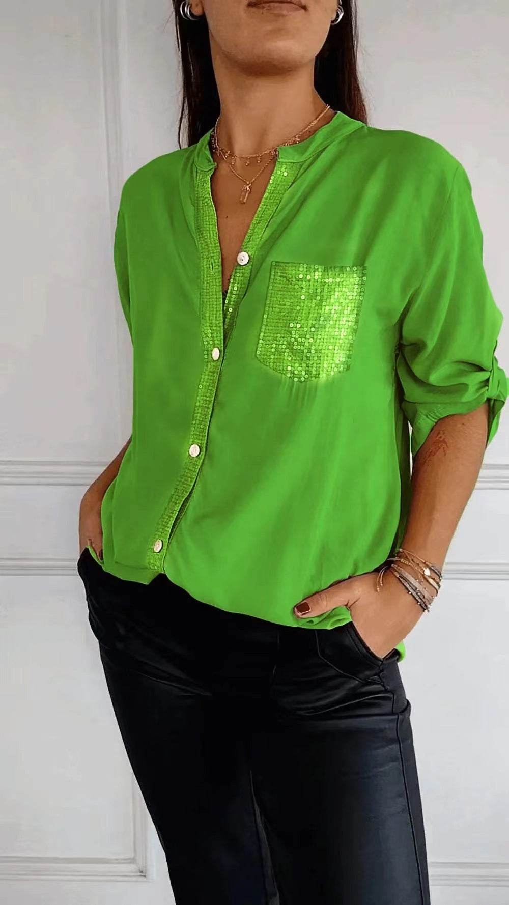 Casual Button-down Long Sleeve Shirt With Sequin Pocket Design Fashion Commuter Top Women Clothing - EX-STOCK Canada