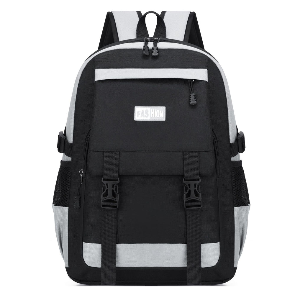 Black and white backpack with visible brand logo on a white background