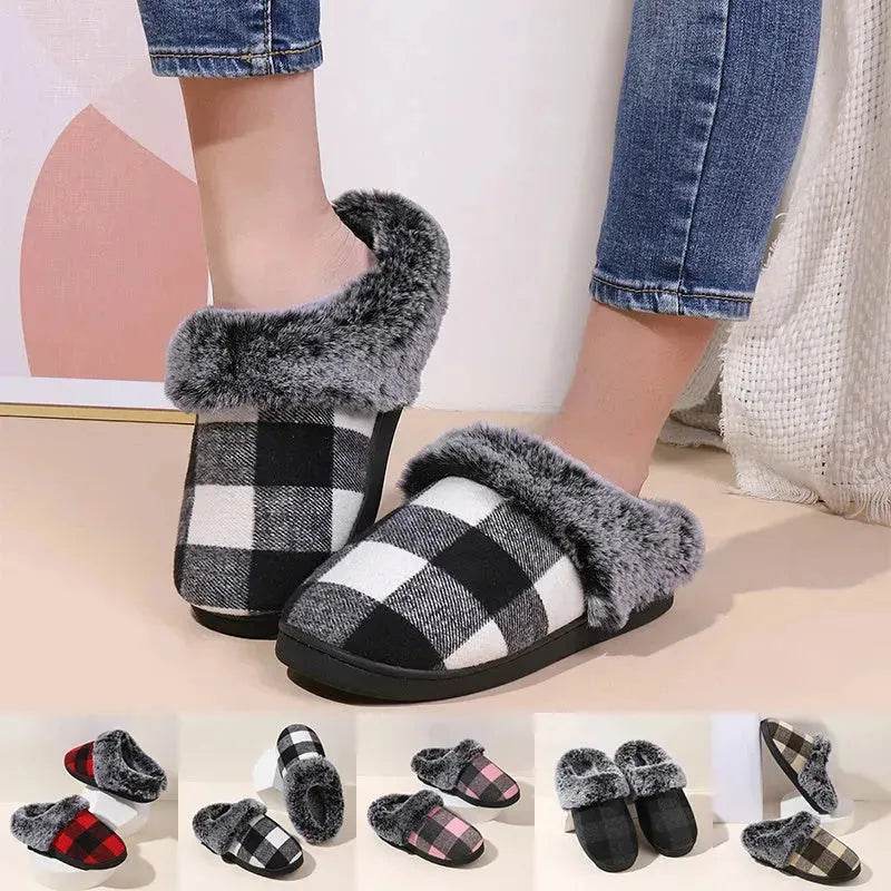 Winter Warm Plaid Plush Slippers Home Indoor Non-slip Bedroom Floor Soft Fuzzy Slipper For Couple Fashion Solid House Shoes - EX-STOCK Canada