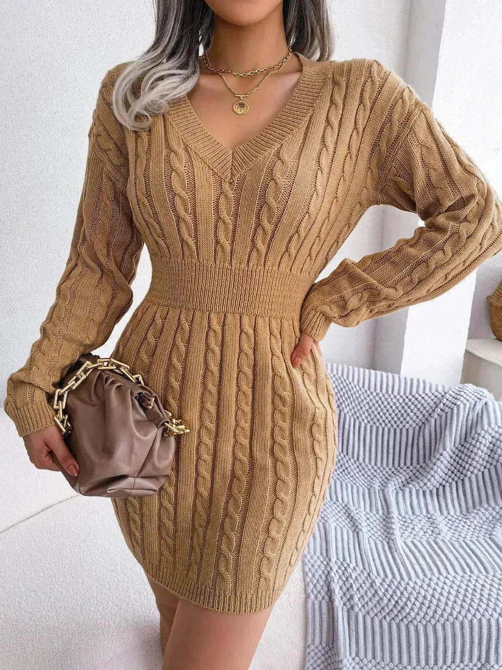 Solid Color V-Neck Long Sleeve Slim fit Winter Knit Mini sweater Dress Slim - EX-STOCK Canada