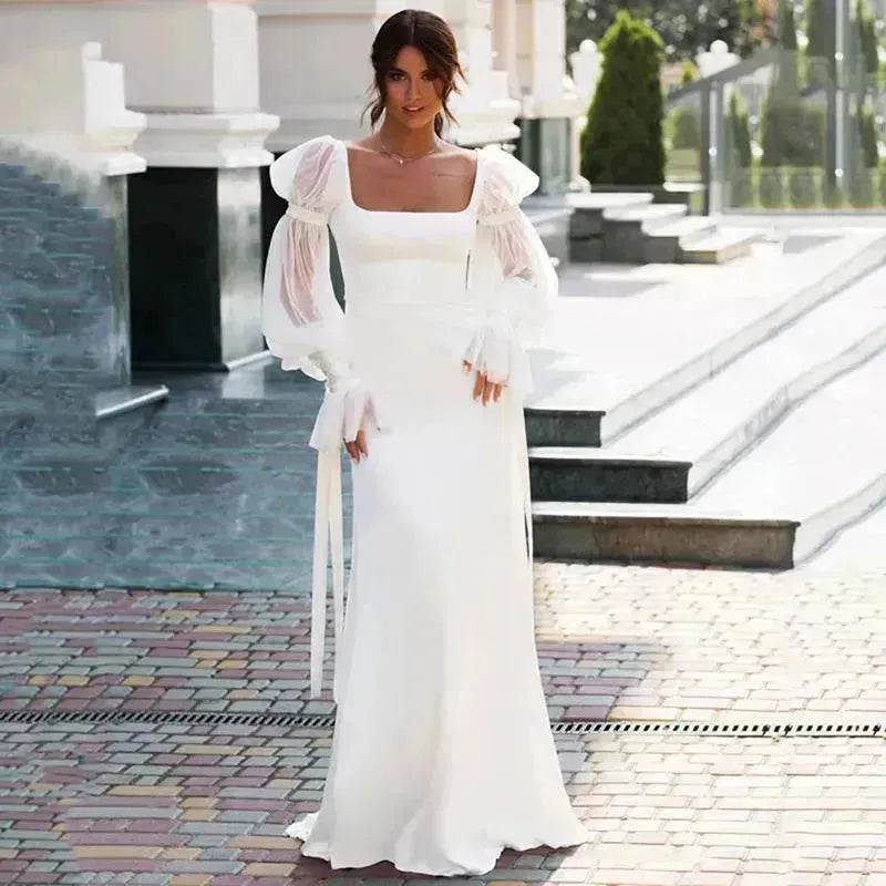 Women's Ruffled Long Sleeve Banquet Temperament High Waist Mop White Wedding Party Fish Tail Styled Dress Mermaid Dress - EX-STOCK Canada