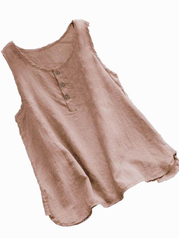 Solid Color Round Neck Loose Casual Vest Cotton Linen summer blouse top for Women - EX-STOCK Canada